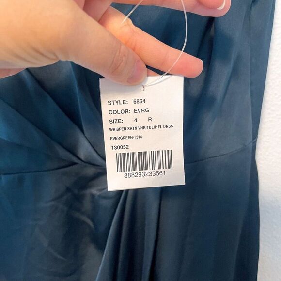 After Six Whisper Satin Vneck Faux Wrap Tulip Evergreen Bridesmaid Dress 4 NWT - Picture 5 of 9